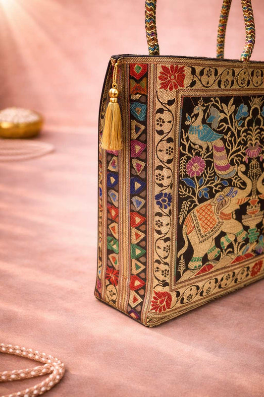 Black Indian Handbag – Ethnic Peacock & Elephant Woven Banarasi Zari Brocade Shoulder Bag