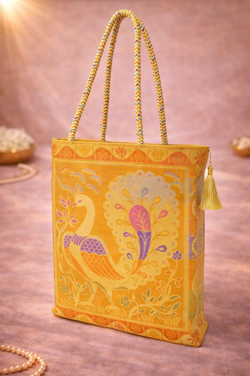 Turquoise Blue Handbag Ethnic Beige Handbag