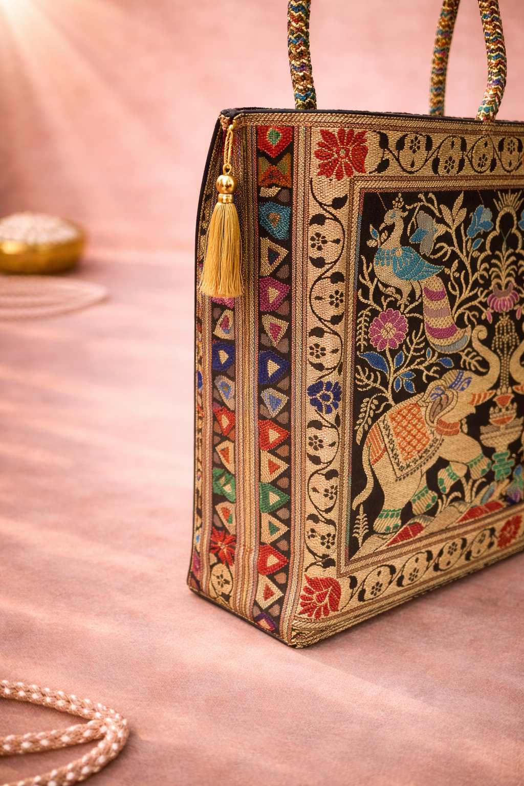 Black Indian Handbag – Ethnic Peacock & Elephant Woven Banarasi Zari Brocade Shoulder Bag