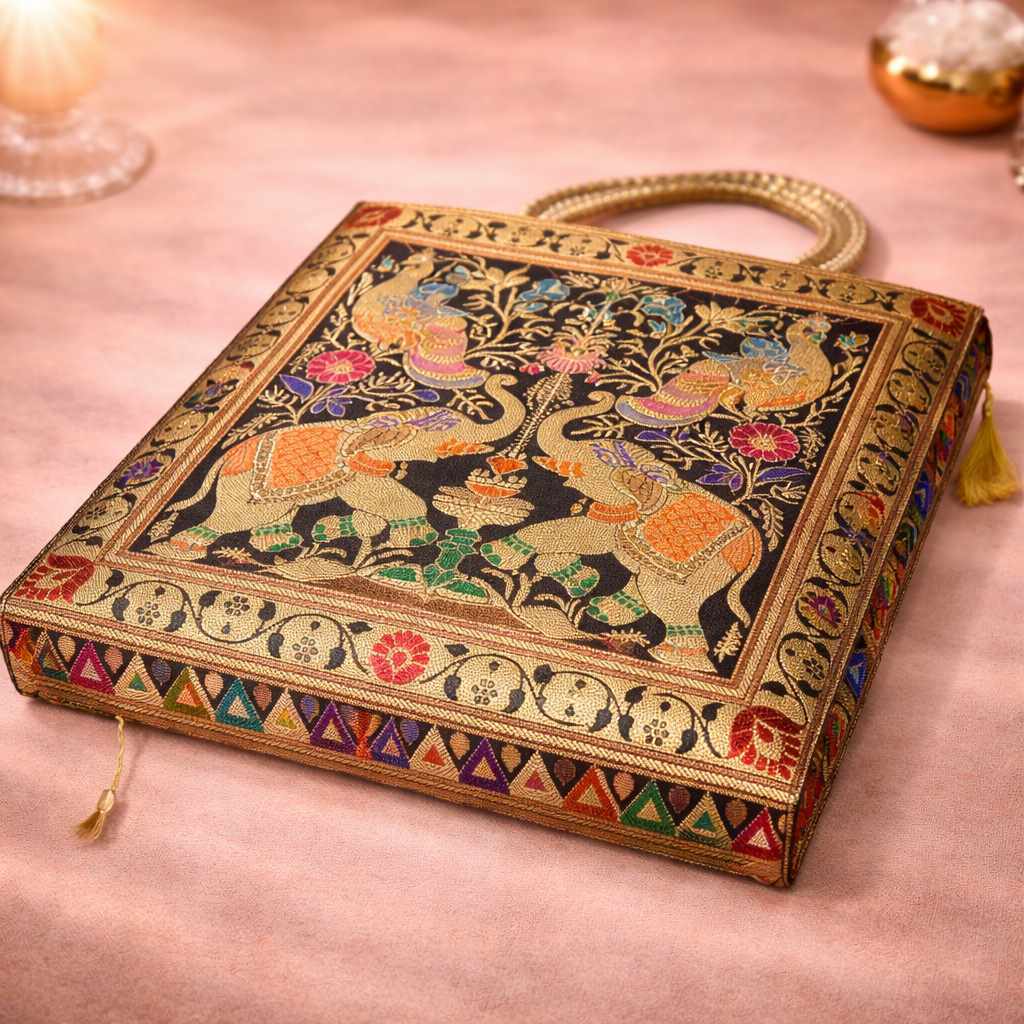 Black Indian Handbag – Ethnic Peacock & Elephant Woven Banarasi Zari Brocade Shoulder Bag