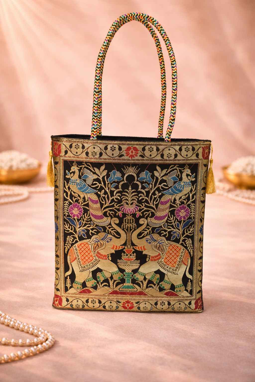 Black Indian Handbag – Ethnic Peacock & Elephant Woven Banarasi Zari Brocade Shoulder Bag