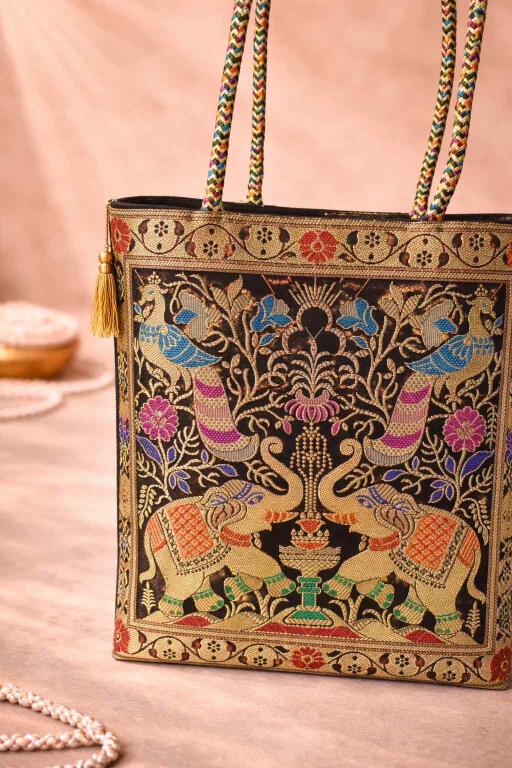 Black Indian Handbag – Ethnic Peacock & Elephant Woven Banarasi Zari Brocade Shoulder Bag