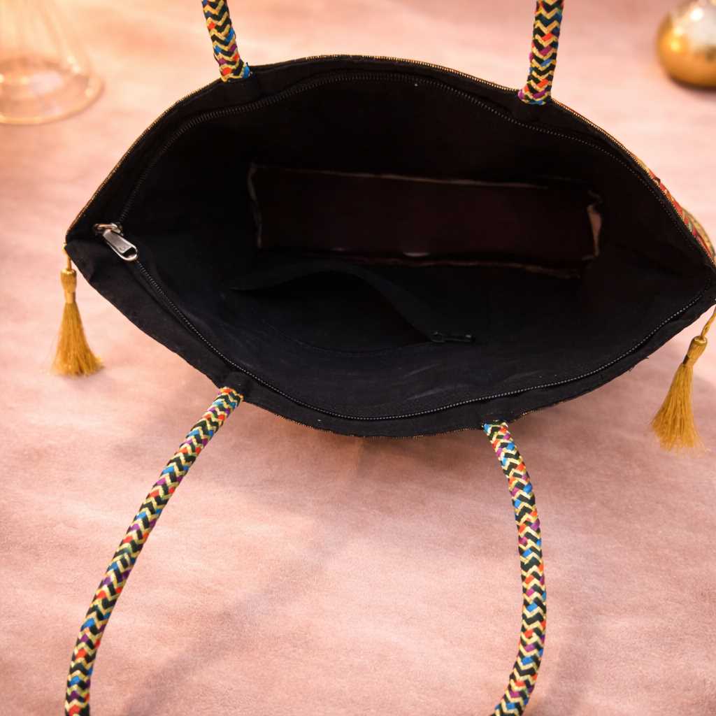 Black Indian Handbag – Ethnic Peacock & Elephant Woven Banarasi Zari Brocade Shoulder Bag