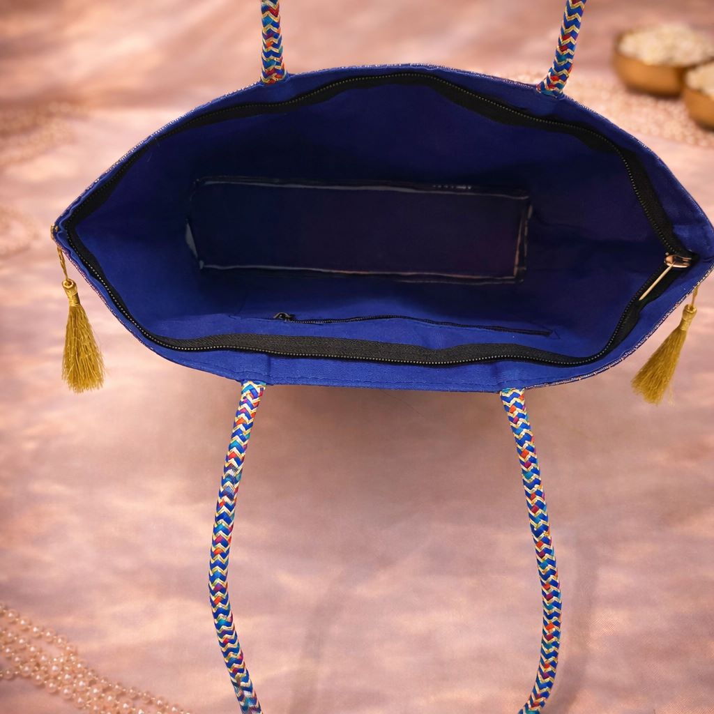 Blue Indian Handbag – Ethnic Peacock & Elephant Woven Banarasi Zari Brocade Shoulder Bag