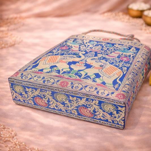 Blue Indian Handbag – Ethnic Peacock & Elephant Woven Banarasi Zari Brocade Shoulder Bag