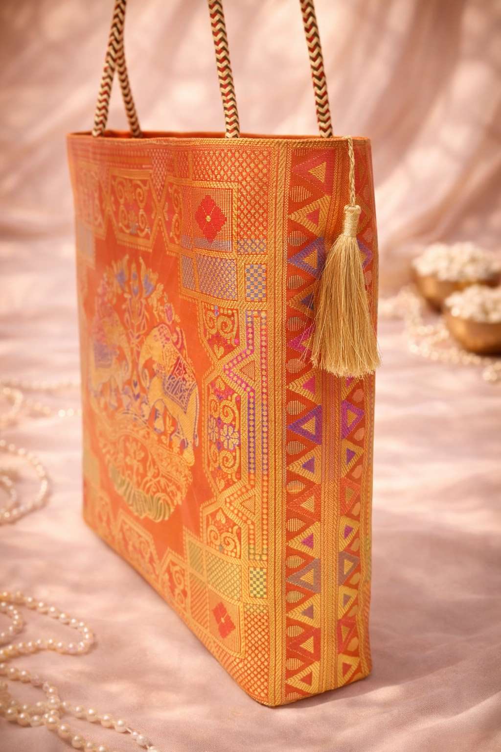 Blue Indian Handbag – Ethnic Peacock & Elephant Woven Banarasi Zari Brocade Shoulder Bag