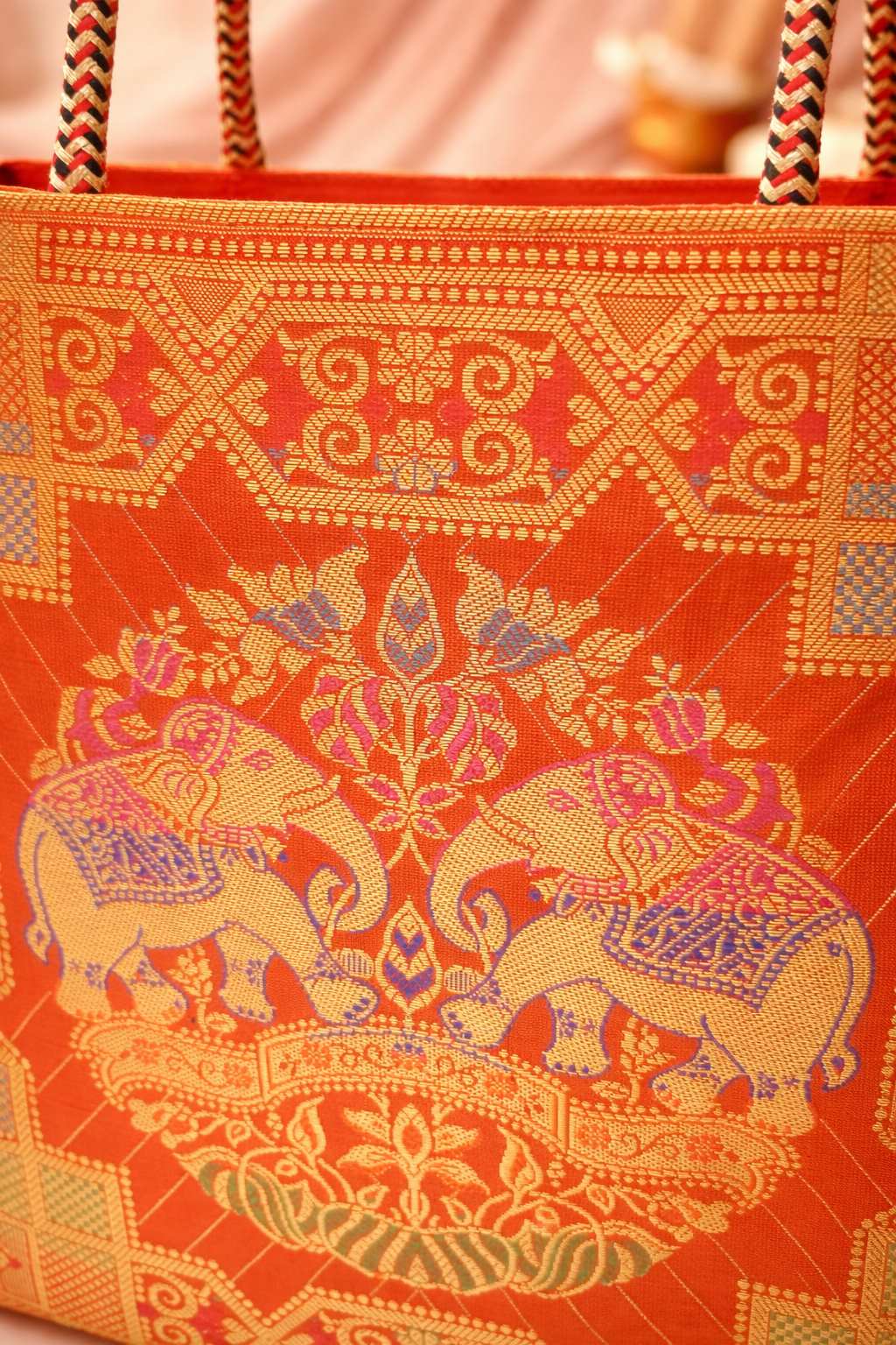 Blue Indian Handbag – Ethnic Peacock & Elephant Woven Banarasi Zari Brocade Shoulder Bag