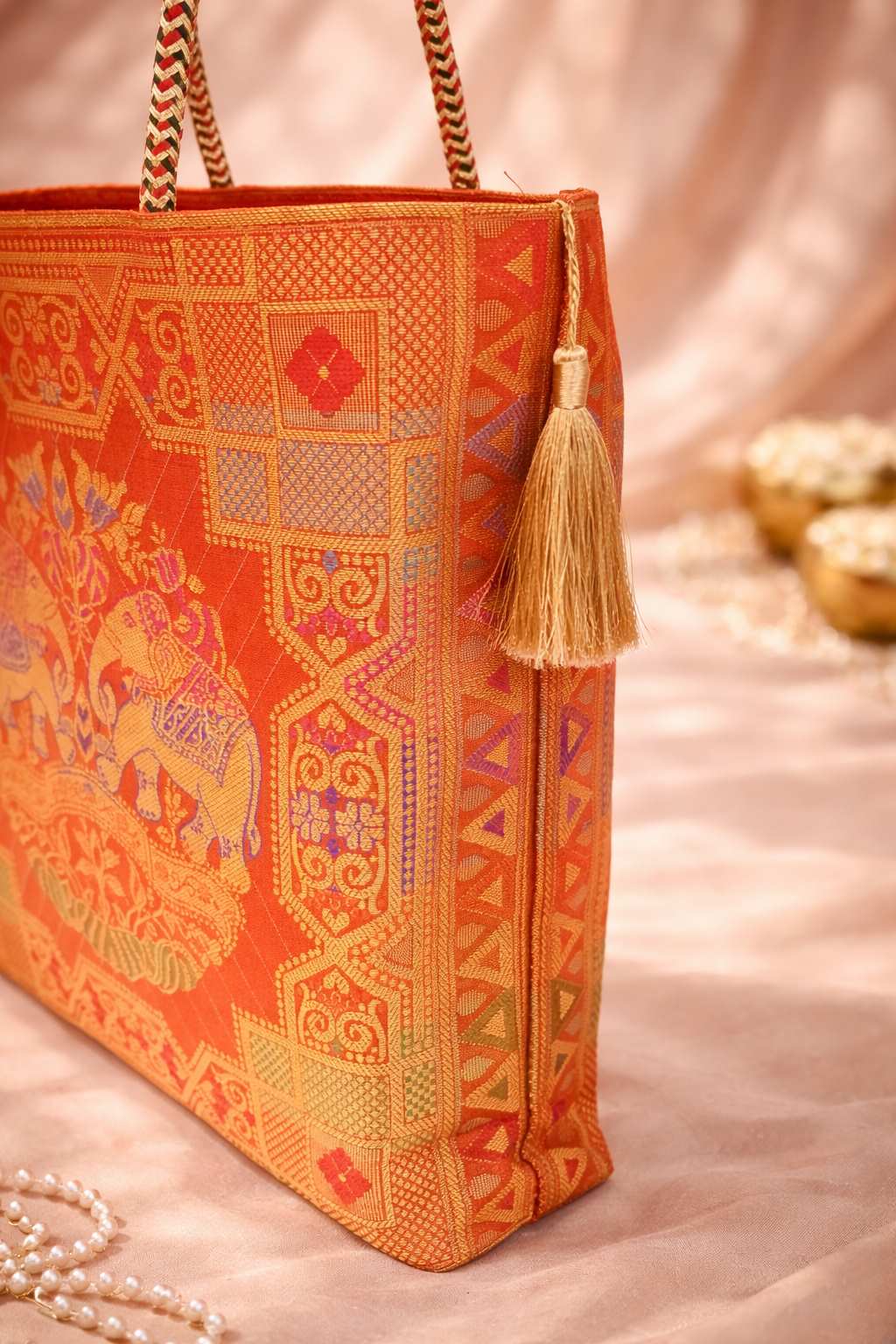 Blue Indian Handbag – Ethnic Peacock & Elephant Woven Banarasi Zari Brocade Shoulder Bag