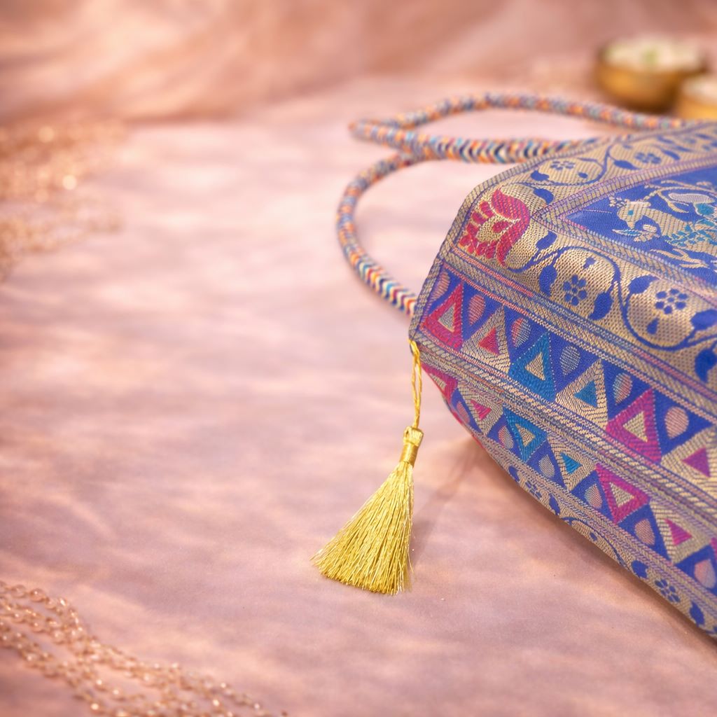Blue Indian Handbag – Ethnic Peacock & Elephant Woven Banarasi Zari Brocade Shoulder Bag