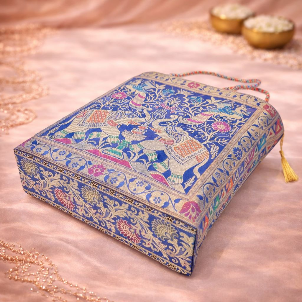 Blue Indian Handbag – Ethnic Peacock & Elephant Woven Banarasi Zari Brocade Shoulder Bag
