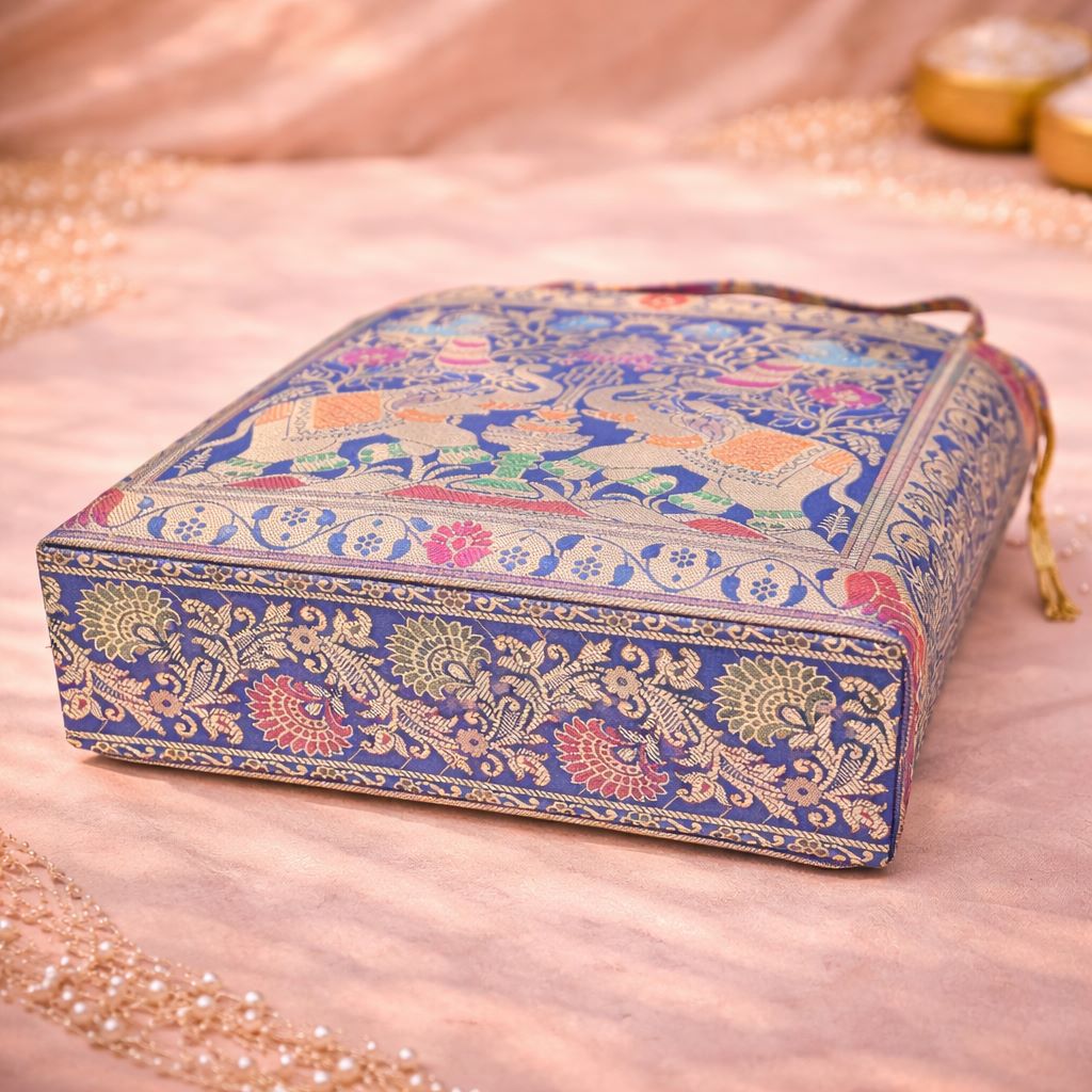 Blue Indian Handbag – Ethnic Peacock & Elephant Woven Banarasi Zari Brocade Shoulder Bag