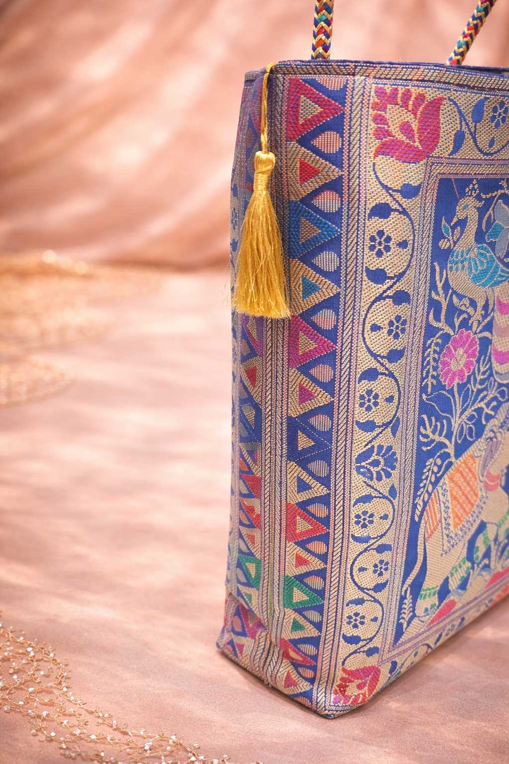 Blue Indian Handbag – Ethnic Peacock & Elephant Woven Banarasi Zari Brocade Shoulder Bag