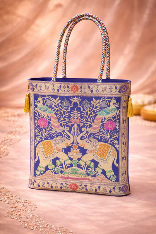 Blue Indian Handbag – Ethnic Peacock & Elephant Woven Banarasi Zari Brocade Shoulder Bag