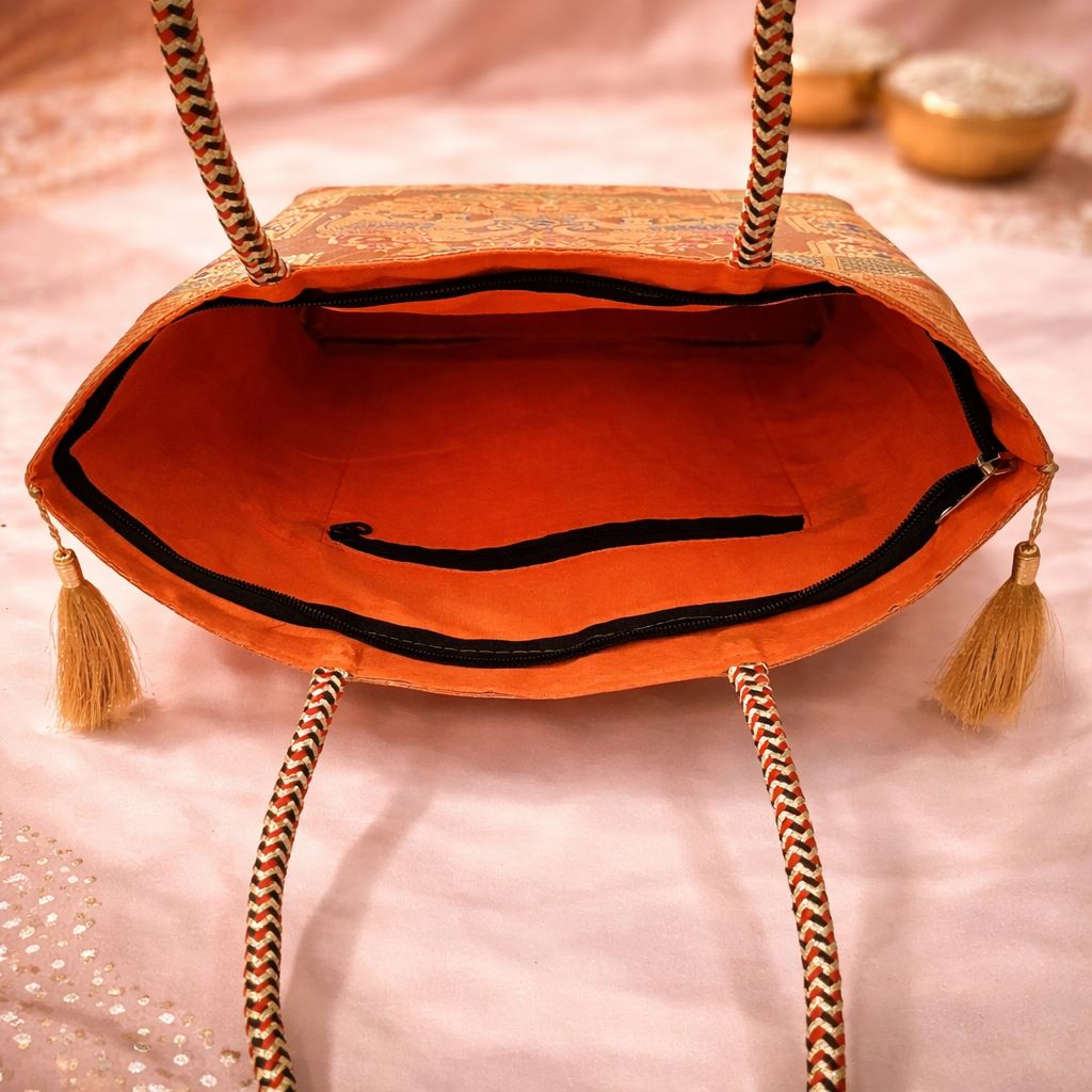 Blue Indian Handbag – Ethnic Peacock & Elephant Woven Banarasi Zari Brocade Shoulder Bag