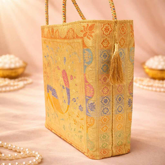 Ethnic Beige Handbag – Peacock Woven Zari Banarasi Brocade Shoulder Bag
