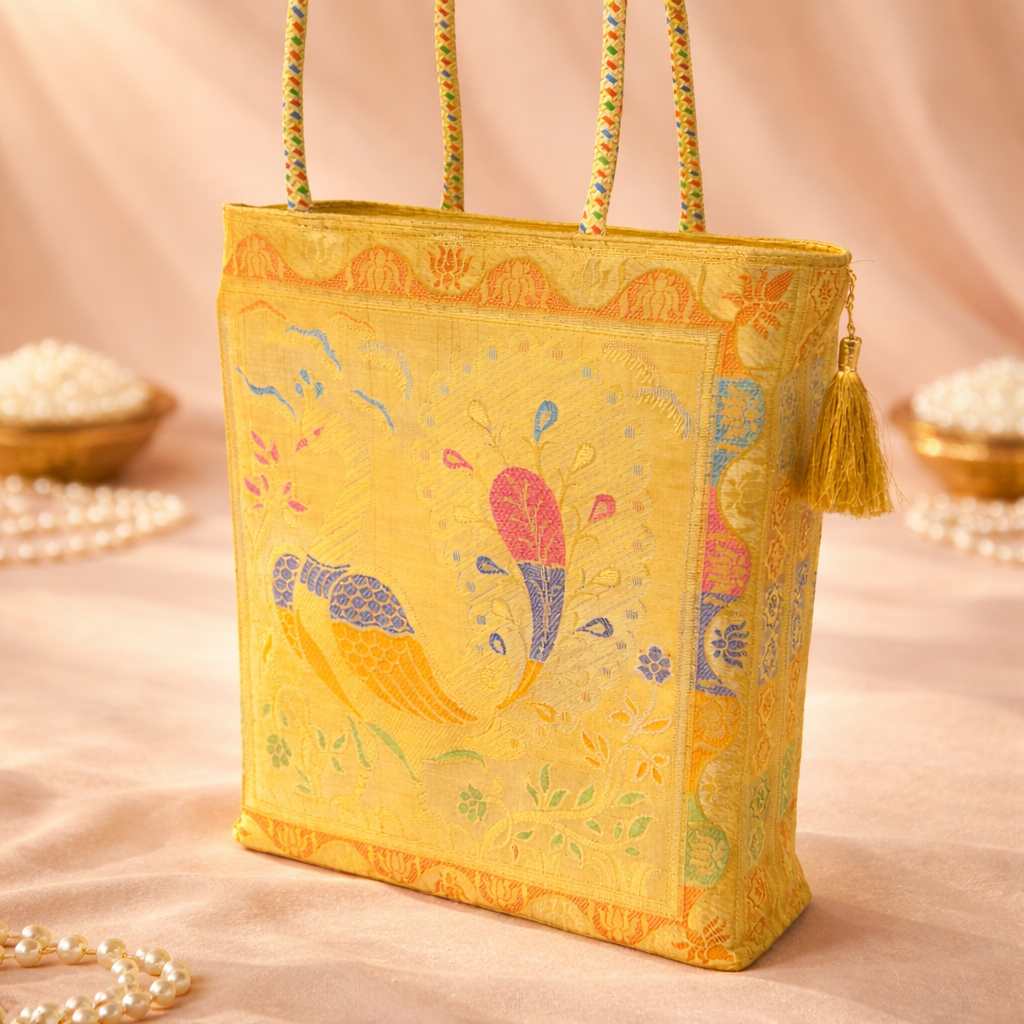 Ethnic Beige Handbag – Peacock Woven Zari Banarasi Brocade Shoulder Bag