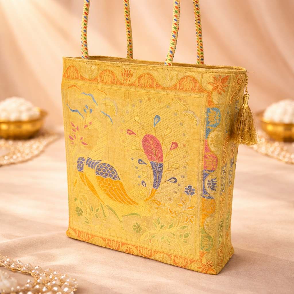 Ethnic Beige Handbag – Peacock Woven Zari Banarasi Brocade Shoulder Bag
