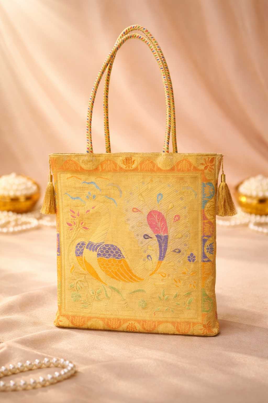 Ethnic Beige Handbag – Peacock Woven Zari Banarasi Brocade Shoulder Bag