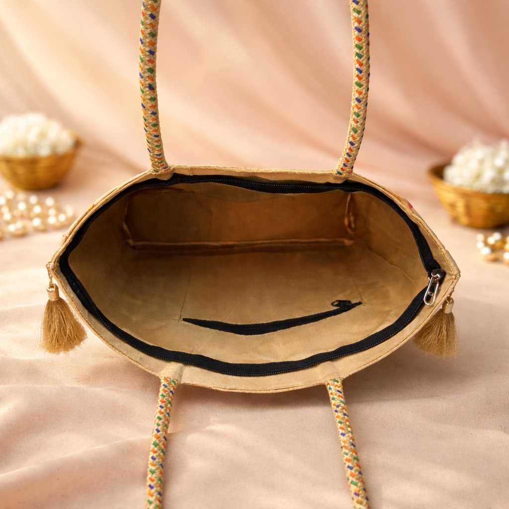 Ethnic Beige Handbag – Peacock Woven Zari Banarasi Brocade Shoulder Bag