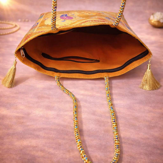 Mustard Handbag – Indian Ethnic Peacock Woven Banarasi Zari Brocade Shoulder Bag