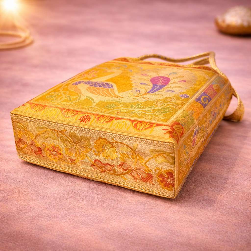 Mustard Handbag – Indian Ethnic Peacock Woven Banarasi Zari Brocade Shoulder Bag