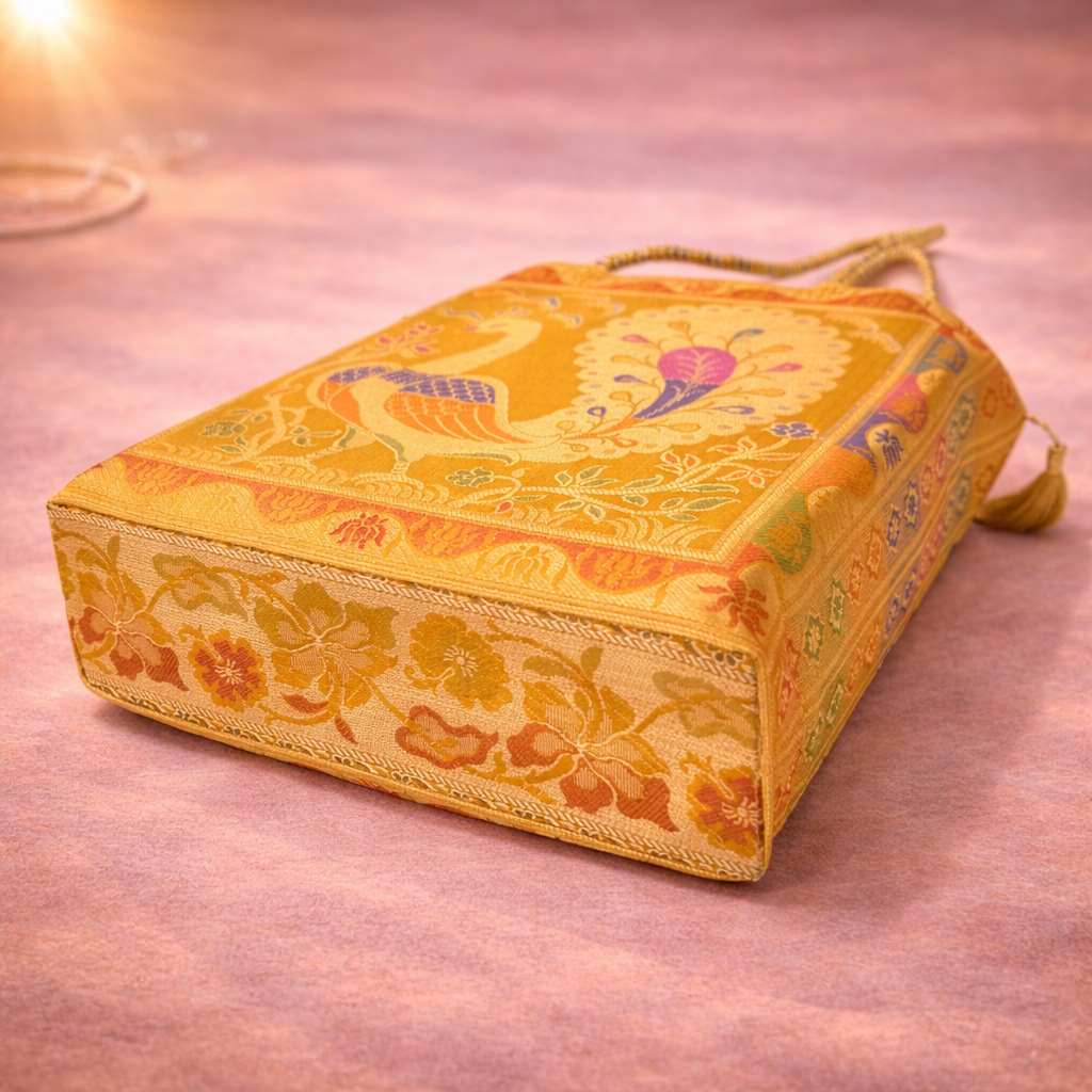 Mustard Handbag – Indian Ethnic Peacock Woven Banarasi Zari Brocade Shoulder Bag