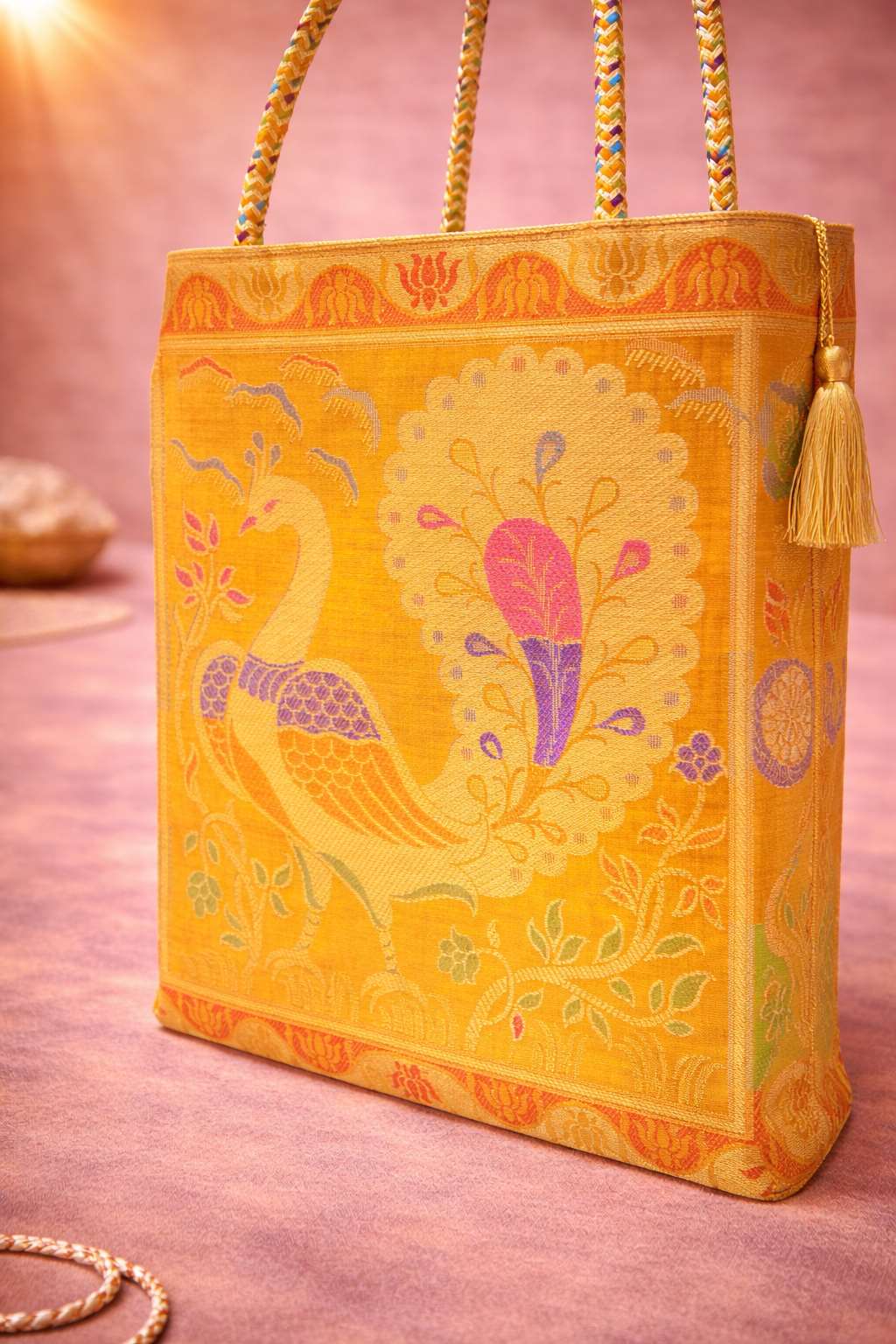 Mustard Handbag – Indian Ethnic Peacock Woven Banarasi Zari Brocade Shoulder Bag