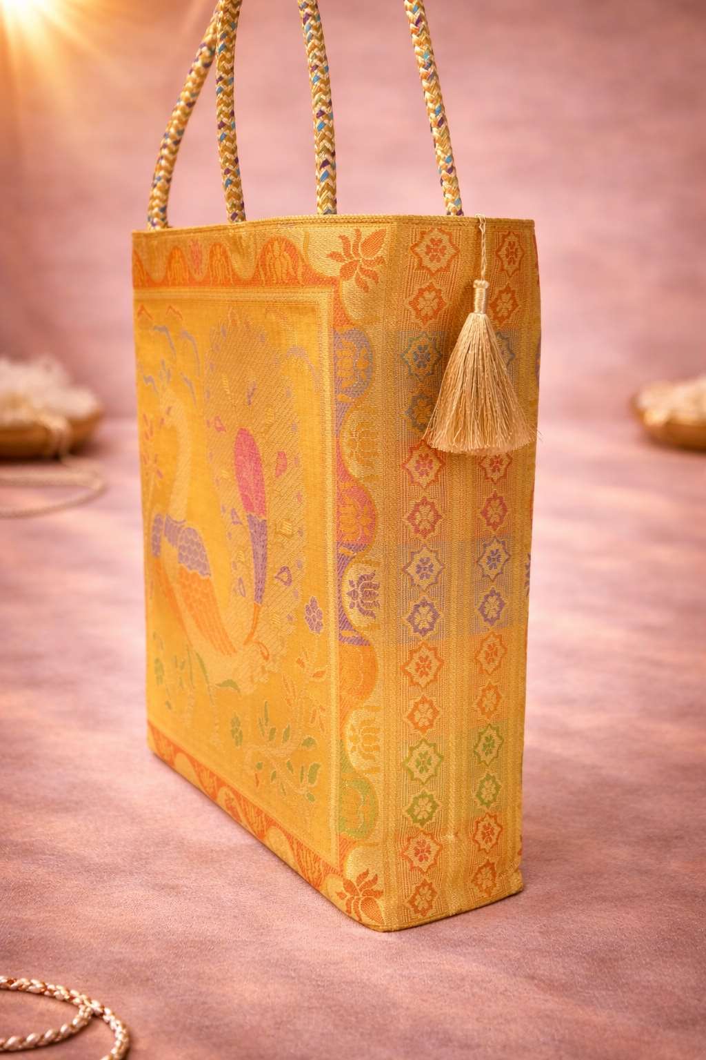 Mustard Handbag – Indian Ethnic Peacock Woven Banarasi Zari Brocade Shoulder Bag