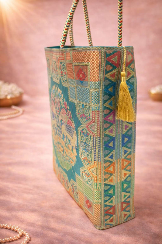 Teal Green Hand Bag – Ethnic Banarasi Zari Brocade with Elephant Motif & Golden Tassels