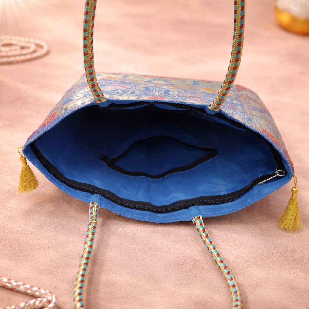 Turquoise Blue Handbag – Ethnic Peacock & Elephant Woven Banarasi Zari Brocade Shoulder Bag