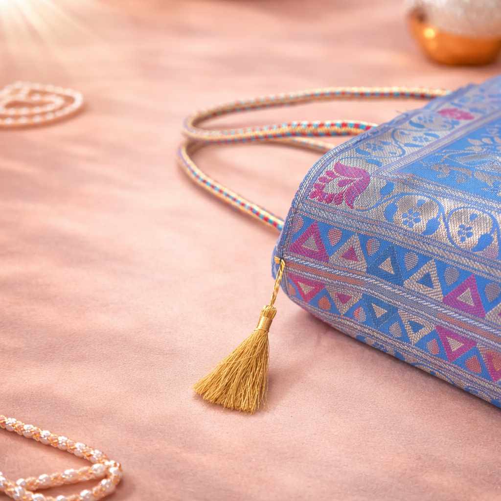 Turquoise Blue Handbag – Ethnic Peacock & Elephant Woven Banarasi Zari Brocade Shoulder Bag