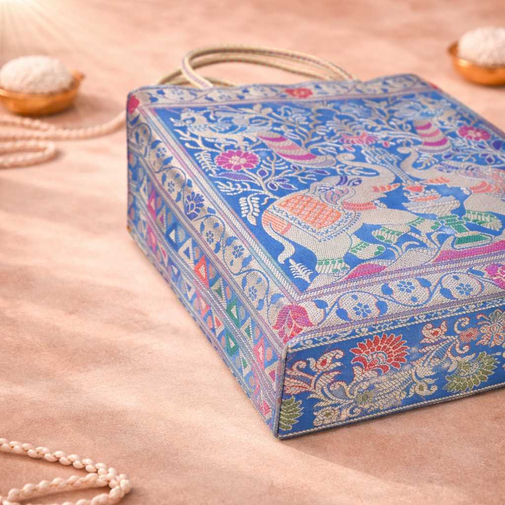 Turquoise Blue Handbag – Ethnic Peacock & Elephant Woven Banarasi Zari Brocade Shoulder Bag
