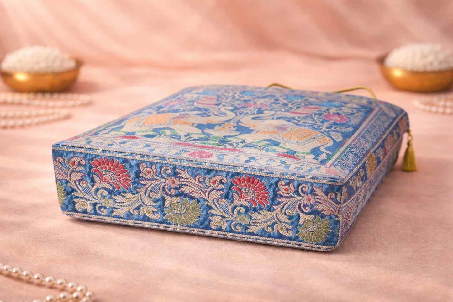 Turquoise Blue Handbag – Ethnic Peacock & Elephant Woven Banarasi Zari Brocade Shoulder Bag