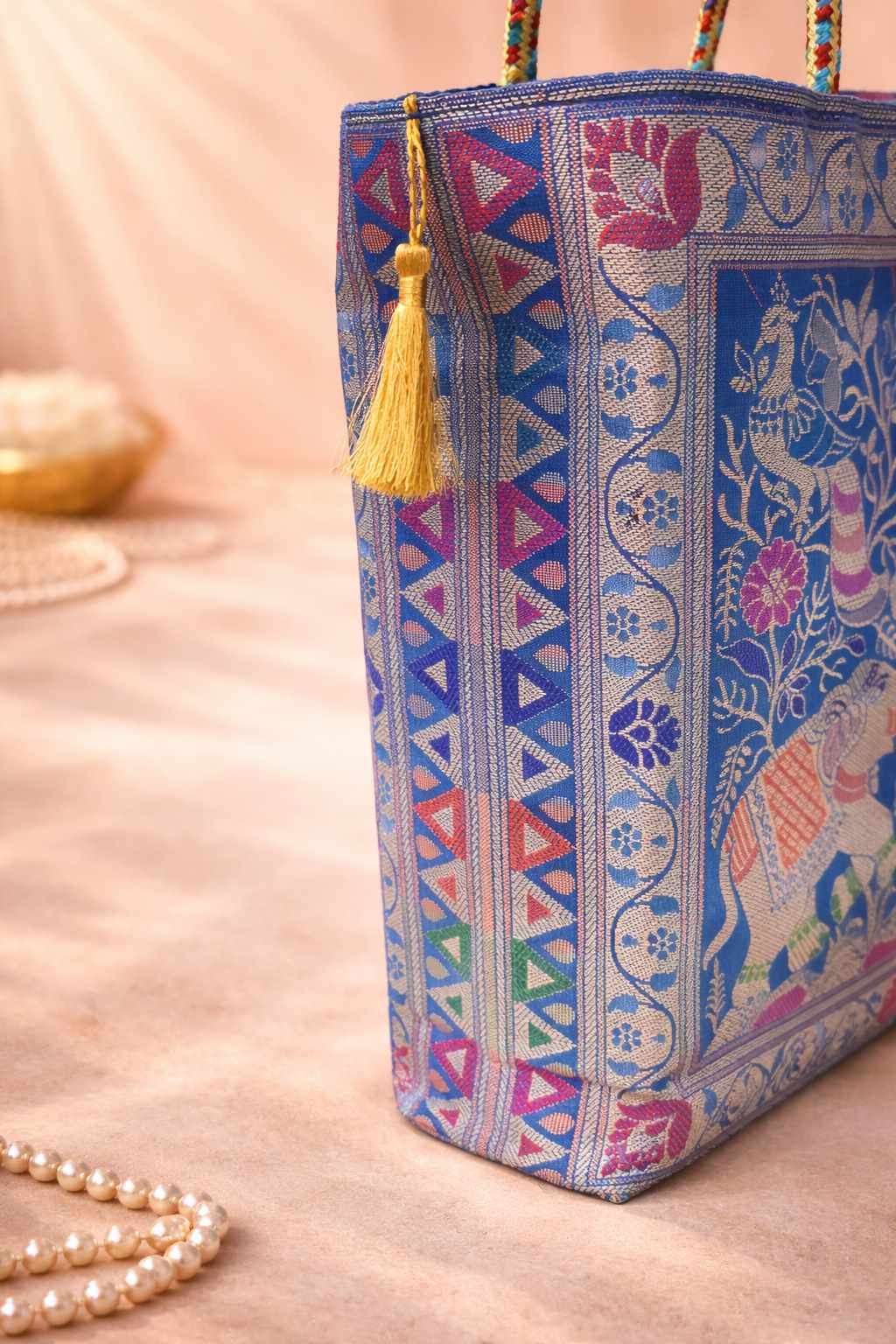 Turquoise Blue Handbag – Ethnic Peacock & Elephant Woven Banarasi Zari Brocade Shoulder Bag