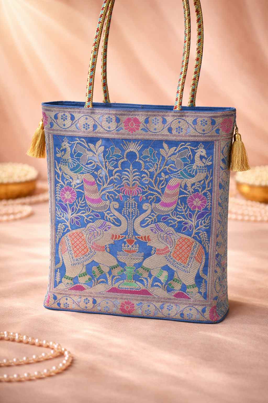 Turquoise Blue Handbag – Ethnic Peacock & Elephant Woven Banarasi Zari Brocade Shoulder Bag