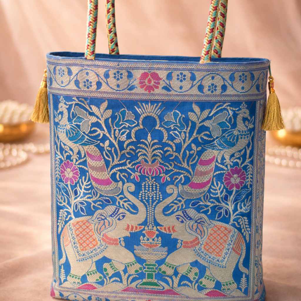 Turquoise Blue Handbag – Ethnic Peacock & Elephant Woven Banarasi Zari Brocade Shoulder Bag