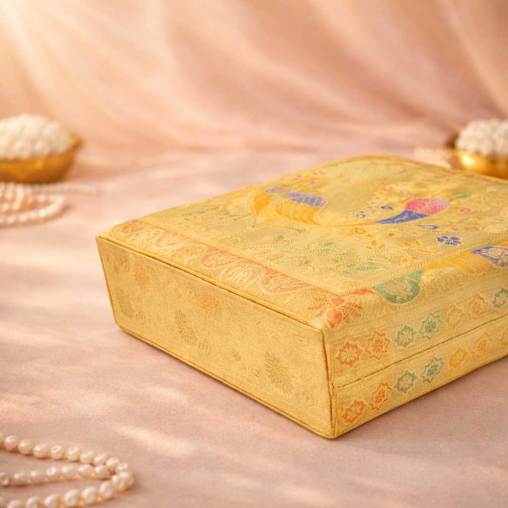 Ethnic Beige Handbag – Peacock Woven Zari Banarasi Brocade Shoulder Bag